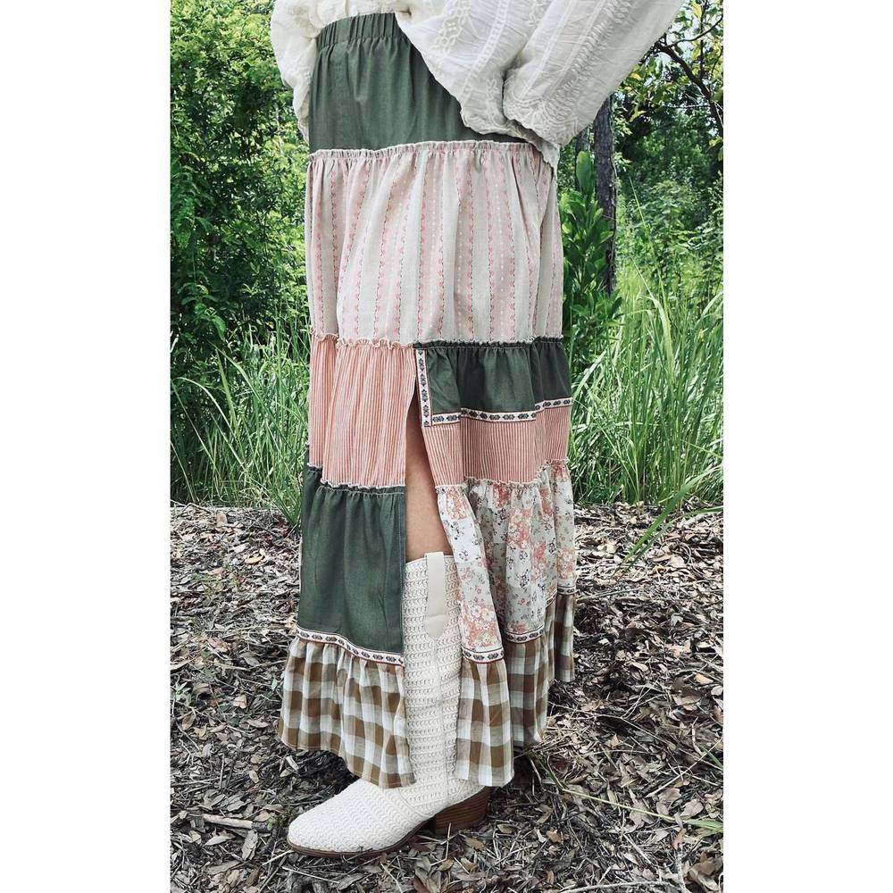 NEW EASEL patchwork tiered ruffle maxi skirt in olive - Picture 3 of 3